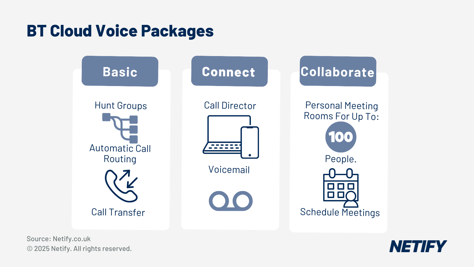 BT Cloud Voice is offered in 3 packages: Basic, Connect & Collaborate, all of which come at their own price point and functionalities.